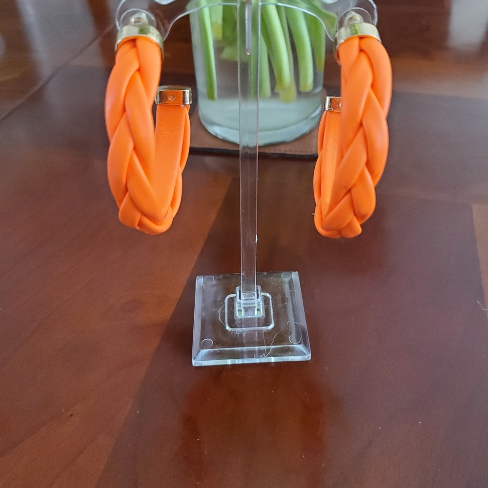 Orange Leatherette Braided Hoop Earrings